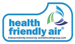 Health Friendly Air® Logo – Independently Tested by Airmid Healthgroup | Airmid Healthgroup Health Friendly Air® logo indicating independent indoor air quality testing by Airmid Healthgroup