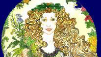 Illustration of Airmid, the Celtic Goddess of Healing, holding herbs and a mortar, symbolising restoration and wellbeing.