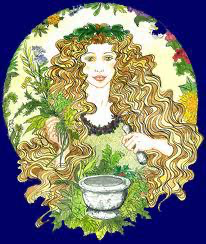 Illustration of Airmid, the Celtic Goddess of Healing, holding herbs and a mortar, symbolising restoration and wellbeing.