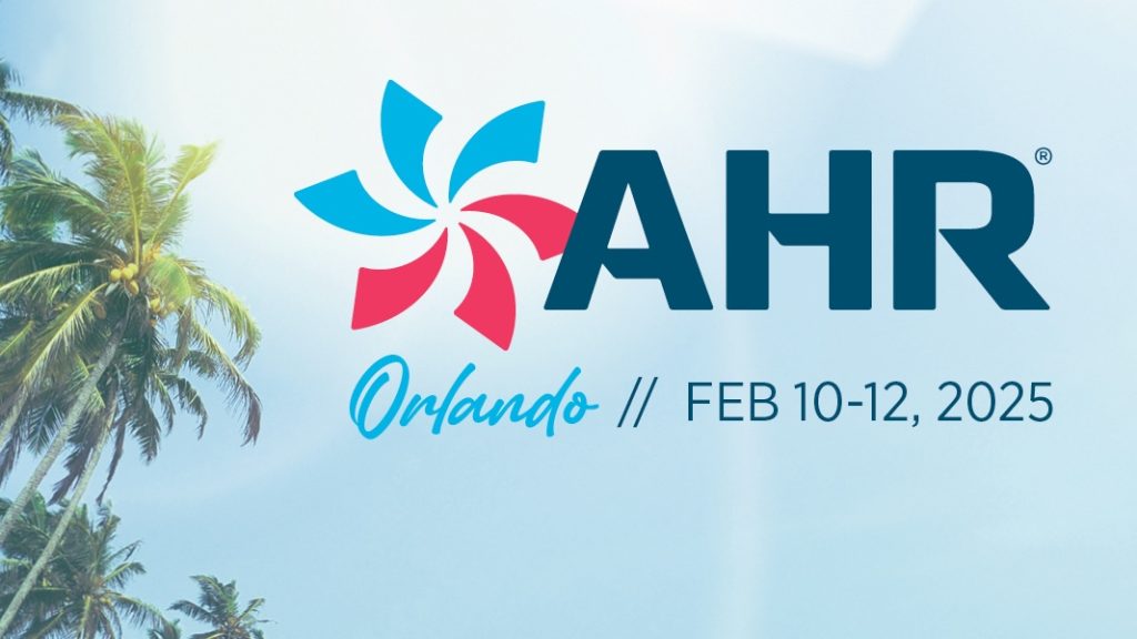 Official logo for AHR Expo 2025 with event dates February 10–12 displayed prominently, highlighting the premier HVACR industry trade show.