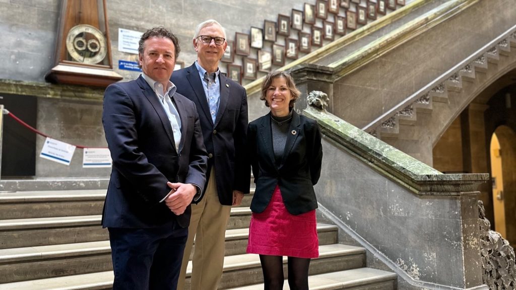Group photo at Trinity College Dublin showing Edith Blennerhassett, Dennis Knight, and John McKeon during ASHRAE Ireland and Airmid Healthgroup site visit