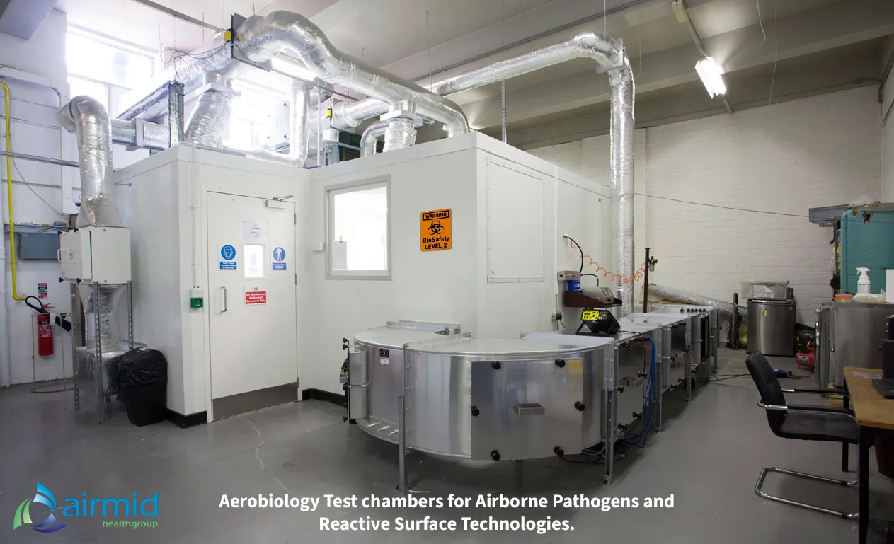 Aerobiology Test chambers for Airborne Pathogens and Reactive Surface Technologies GLP-compliant aerobiology test chamber at Airmid Healthgroup for HVAC filter evaluation