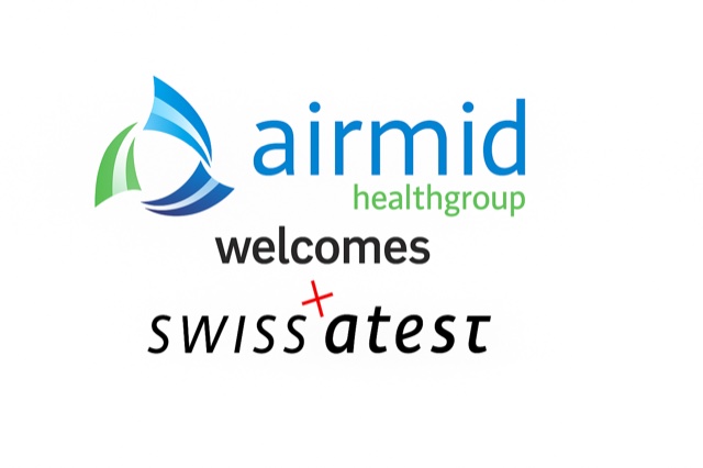Airmid Healthgroup welcomes Swissatest Testmaterialien AG – logo graphic representing the partnership between the two scientific organizations.