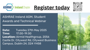 ASHRAE Ireland AGM 2025 event flyer showing agenda, speakers, and registration details