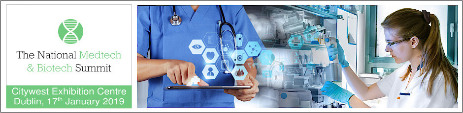National Medtech & Biotech Summit 2019 at Citywest, Dublin | Airmid Healthgroup Banner for the National Medtech and Biotech Summit held at Citywest Exhibition Centre, Dublin on January 17th, 2019, featuring healthcare professionals and lab research.