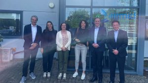 Swissatest and Airmid Healthgroup teams standing outside Airmid's Dublin facility following a strategic meeting on appliance hygiene and IAQ.