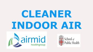 Logos of Airmid Healthgroup and Brown University School of Public Health above the title “Cleaner Indoor Air”