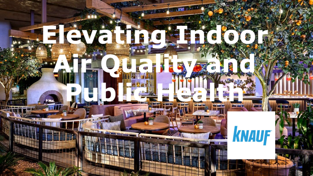 Outdoor dining area of Carcara in Phoenix, Arizona, with overlay text "Elevating Indoor Air Quality and Public Health" and Knauf logo