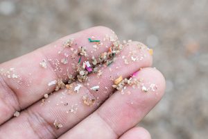 Close-up of microplastics and sand particles on a person's fingertips