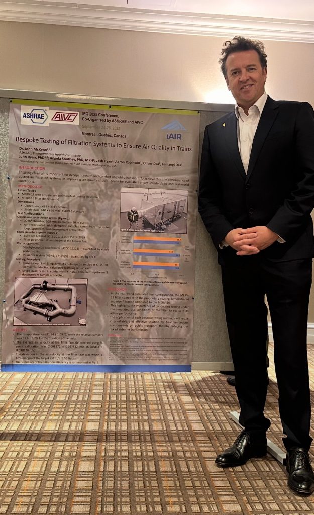 Dr. John McKeon presenting Airmid Healthgroup’s filtration science poster at IEQ 2025 in Montreal.