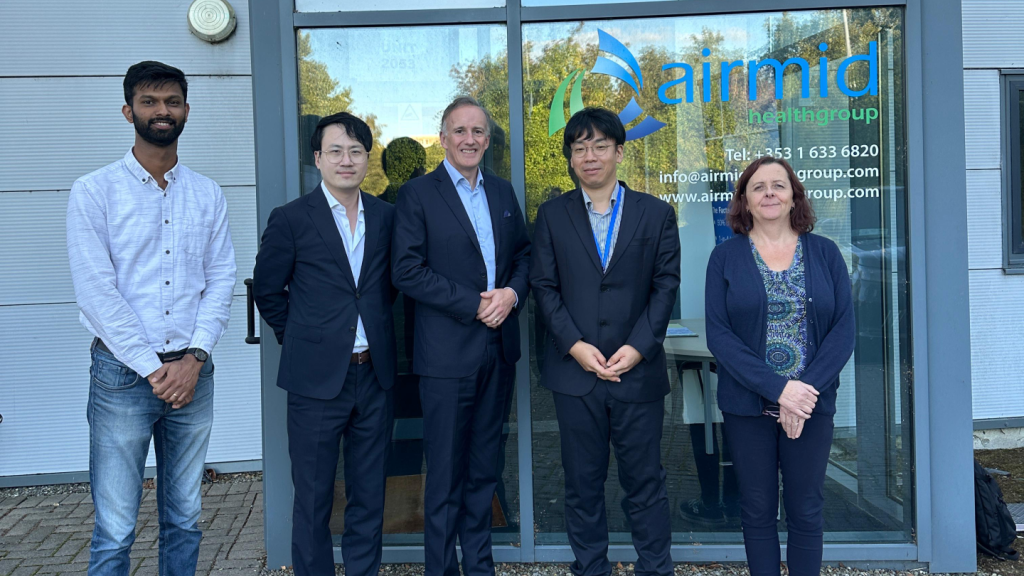 Group photo of Airmid Healthgroup and Shinsung E&G representatives with Enterprise Ireland outside Airmid’s Dublin laboratories.