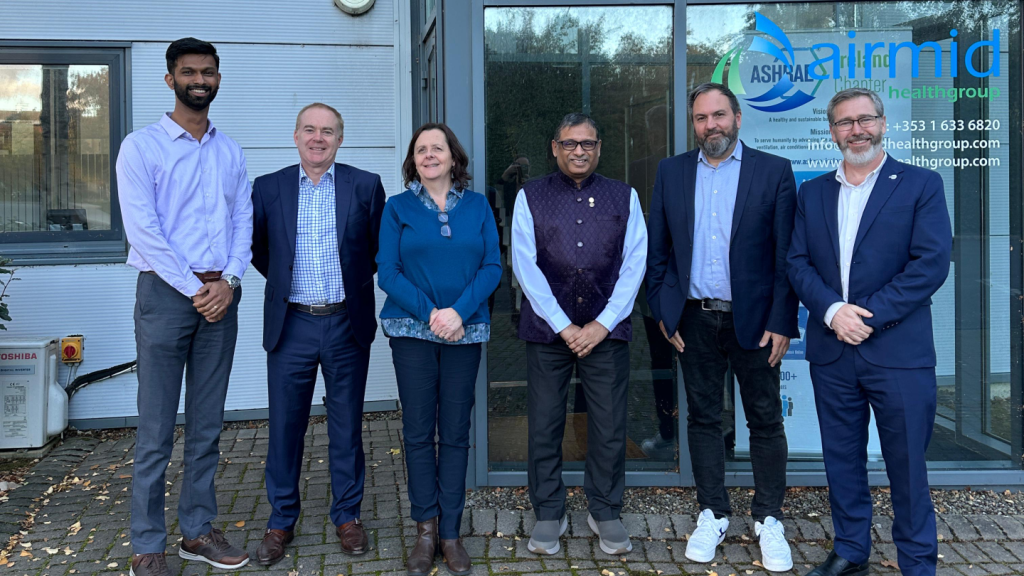 Group photo of ASHRAE Ireland representatives and Professor Chandra Sekhar with the Airmid Healthgroup team outside the laboratory in Dublin.