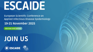 Graphic for ESCAIDE 2025 announcing the European Scientific Conference on Applied Infectious Disease Epidemiology, taking place 19–21 November 2025 in Warsaw and online, with a blue background and abstract global map design. Research on indoor air
