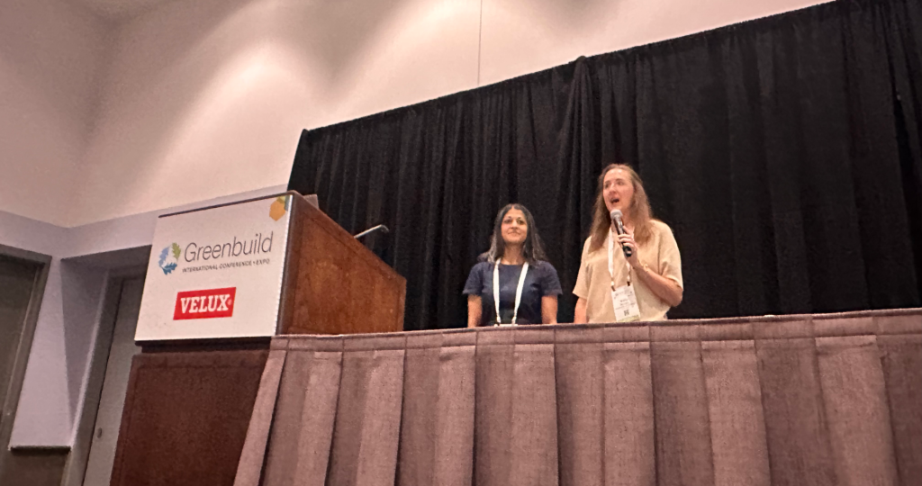 Seema Bhangar and Kelly Worden speaking at Greenbuild 2025 about healthy buildings during the Healthy Spaces for All Summit.