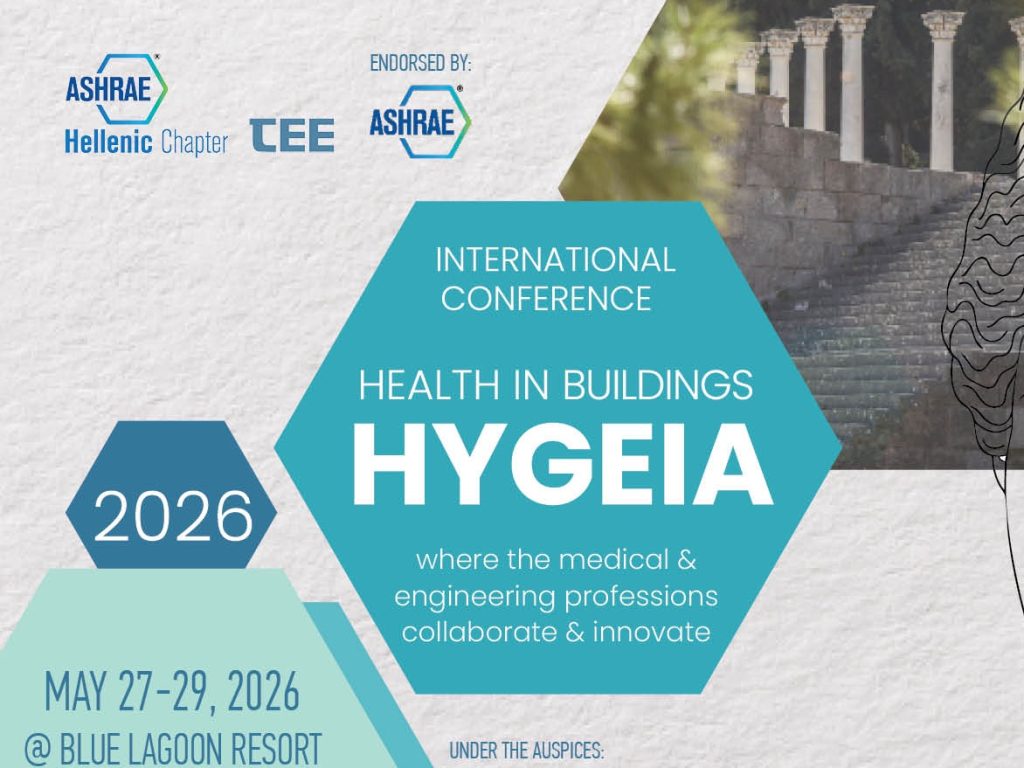 HYGEIA 2026 International Conference banner: Health in Buildings, hosted by ASHRAE Hellenic Chapter, 27 to 29 May 2026, Kos Island, Greece.