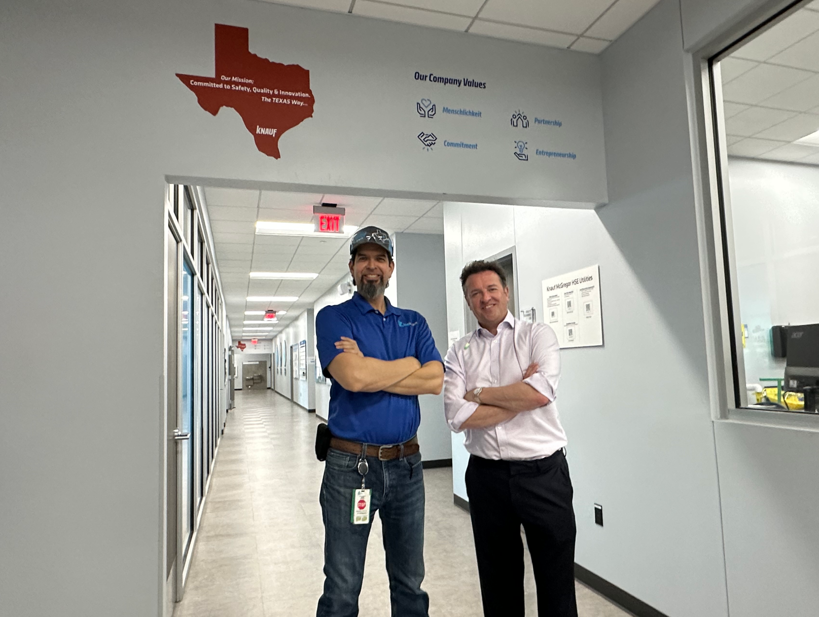 Dr John McKeon with Valentin Salazar Inside Knauf McGregor Facility | Airmid Healthgroup Dr. John McKeon of Airmid Healthgroup with Valentin Salazar, plant manager, inside the Knauf McGregor Texas facility