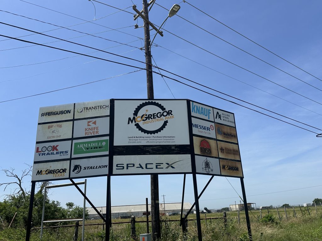 Knauf and SpaceX McGregor Industrial Park Sign Texas | Airmid Healthgroup McGregor Industrial Park directory sign in Texas showing both Knauf and SpaceX as tenants of the same industrial corridor
