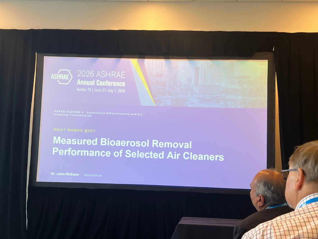 Title slide of Dr John McKeon's air cleaner testing paper on measured bioaerosol removal performance at the 2026 ASHRAE Annual Conference