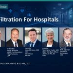World Filtration Institute banner for 'Air Filtration For Hospitals' with six speaker headshots, names and titles, and WFI logo.