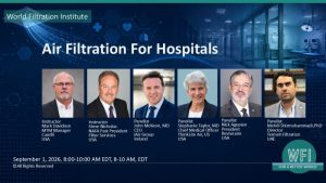 World Filtration Institute banner for 'Air Filtration For Hospitals' with six speaker headshots, names and titles, and WFI logo.