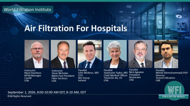 Panelists for WFI's "Air Filtration for Hospitals" hospital air quality testing webinar on September 1, 2026, including Dr. John McKeon of Airmid/iAIR Group
